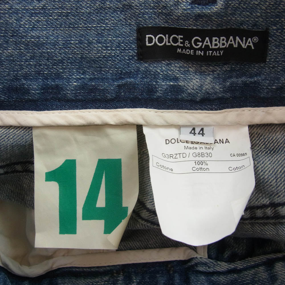 DOLCE&GABBANA ドルチェアンドガッバーナ G3RZTD ヴィンテージ ダメージ 加工 ロゴ メタル プレート バック ポケット ジップ インディゴ デニム パンツ インディゴブルー系 44【新古品】【未使用】【中古】