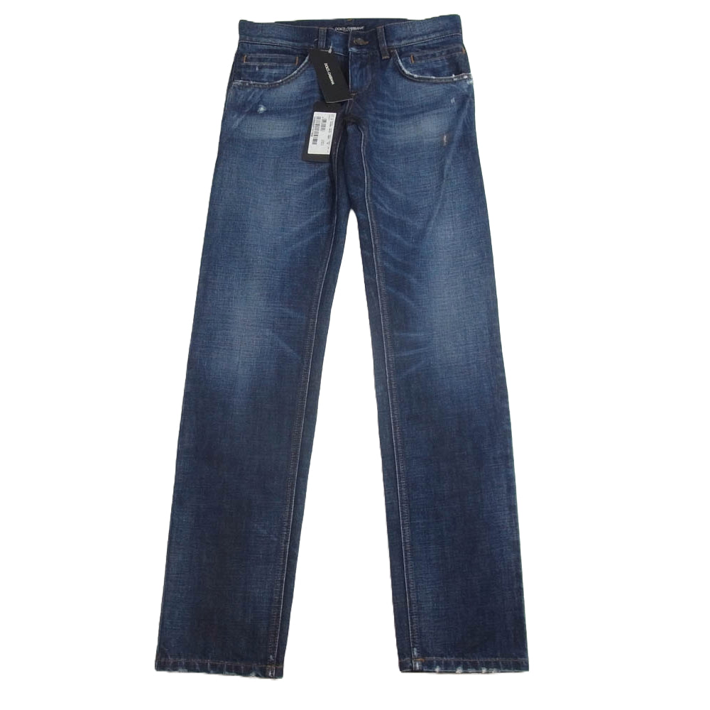 DOLCE&GABBANA ドルチェアンドガッバーナ GZN9BD ヴィンテージ ダメージ 加工 ロゴ 隠し メタル プレート インディゴ デニム パンツ インディゴブルー系 44【新古品】【未使用】【中古】