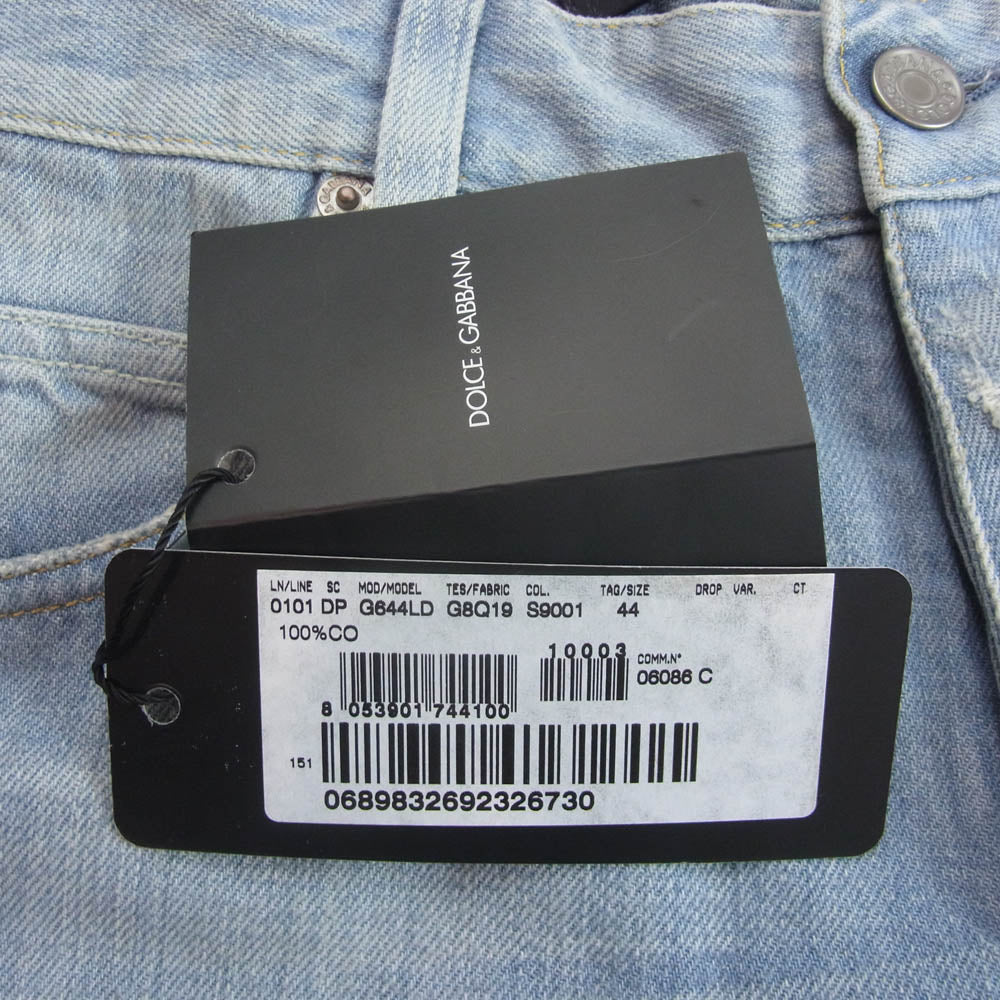 DOLCE&GABBANA ドルチェアンドガッバーナ G644LD ヴィンテージ ダメージ 加工 ロゴ レザー パッチ インディゴ デニム パンツ インディゴブルー系 44【新古品】【未使用】【中古】