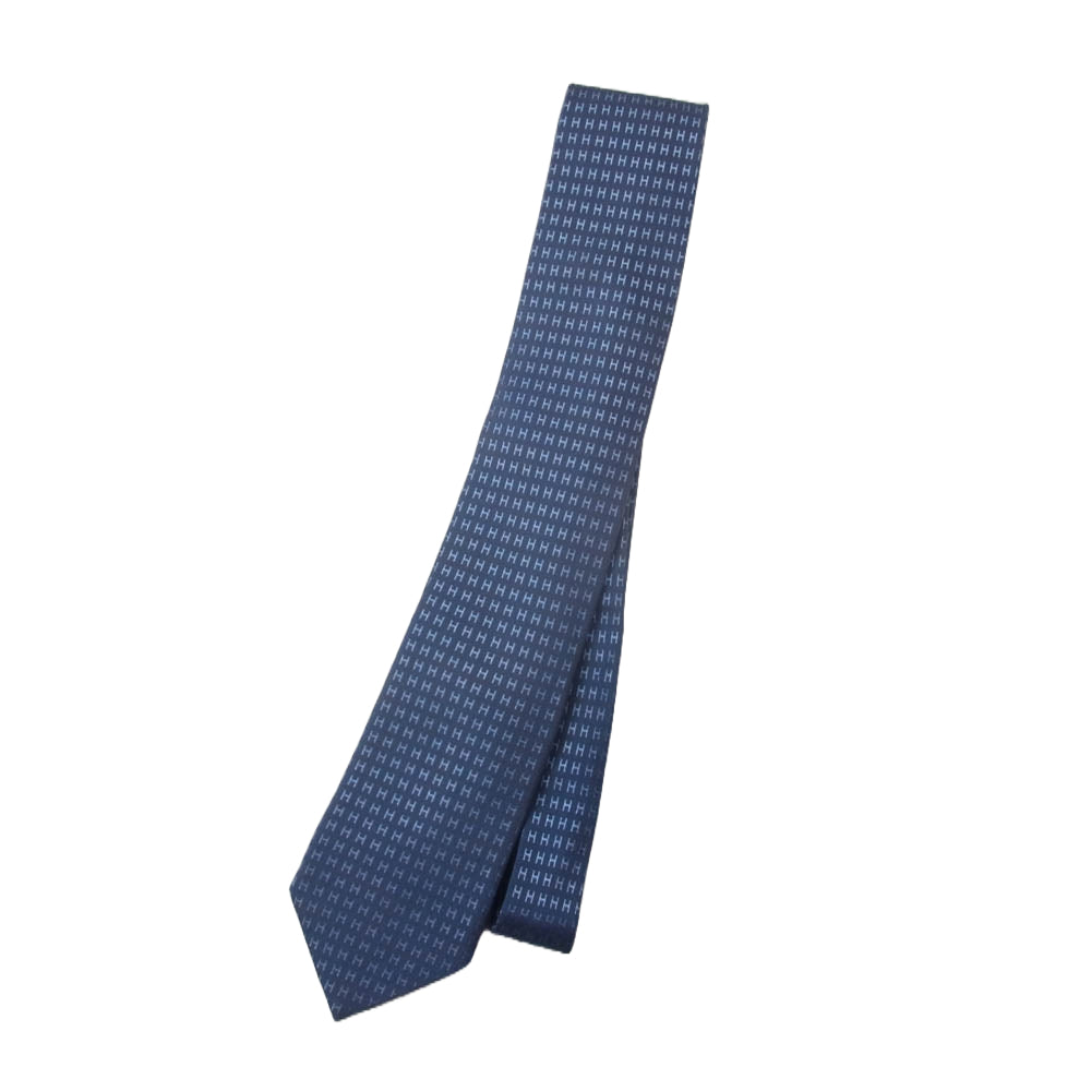 HERMES エルメス Hロゴ シルク 100％ ネクタイ ネイビー系【極上美品】【中古】