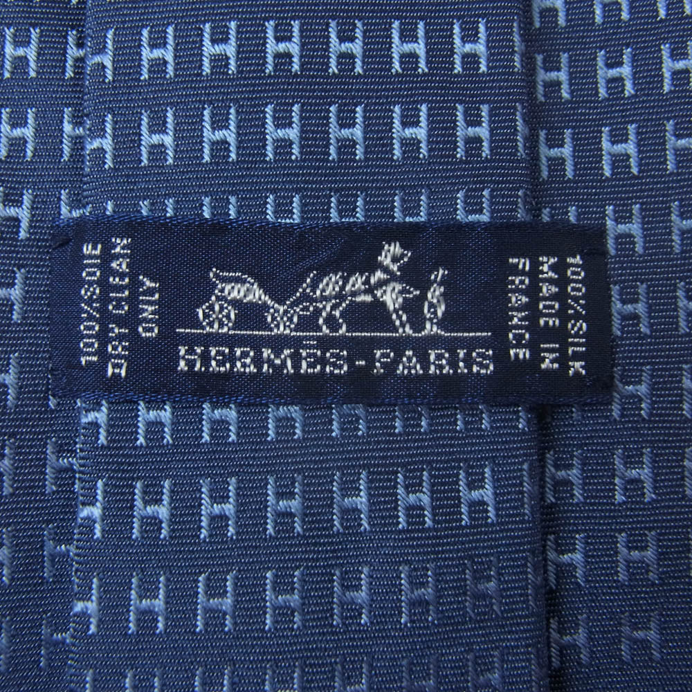 HERMES エルメス Hロゴ シルク 100％ ネクタイ ネイビー系【極上美品】【中古】