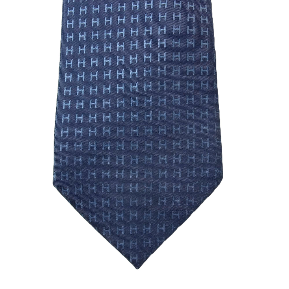 HERMES エルメス Hロゴ シルク 100％ ネクタイ ネイビー系【極上美品】【中古】