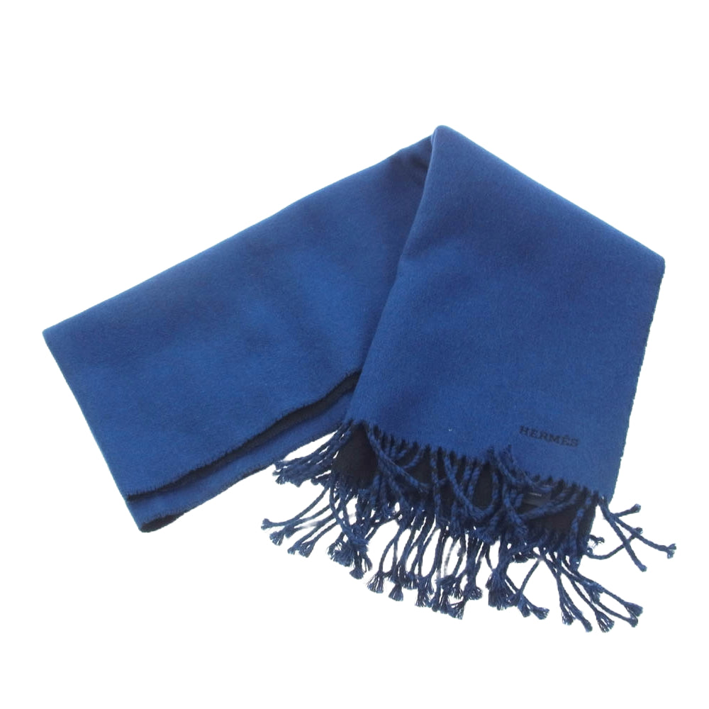 HERMES エルメス バイカラー ブルーブラック カシミヤ カシミア 100％ マフラー ロゴ刺繍 ブラック系 ブルー系【美品】【中古】