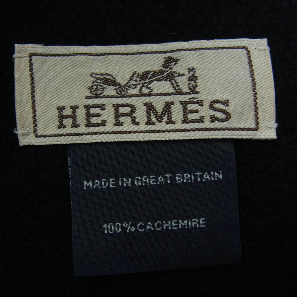 HERMES エルメス バイカラー ブルーブラック カシミヤ カシミア 100％ マフラー ロゴ刺繍 ブラック系 ブルー系【美品】【中古】