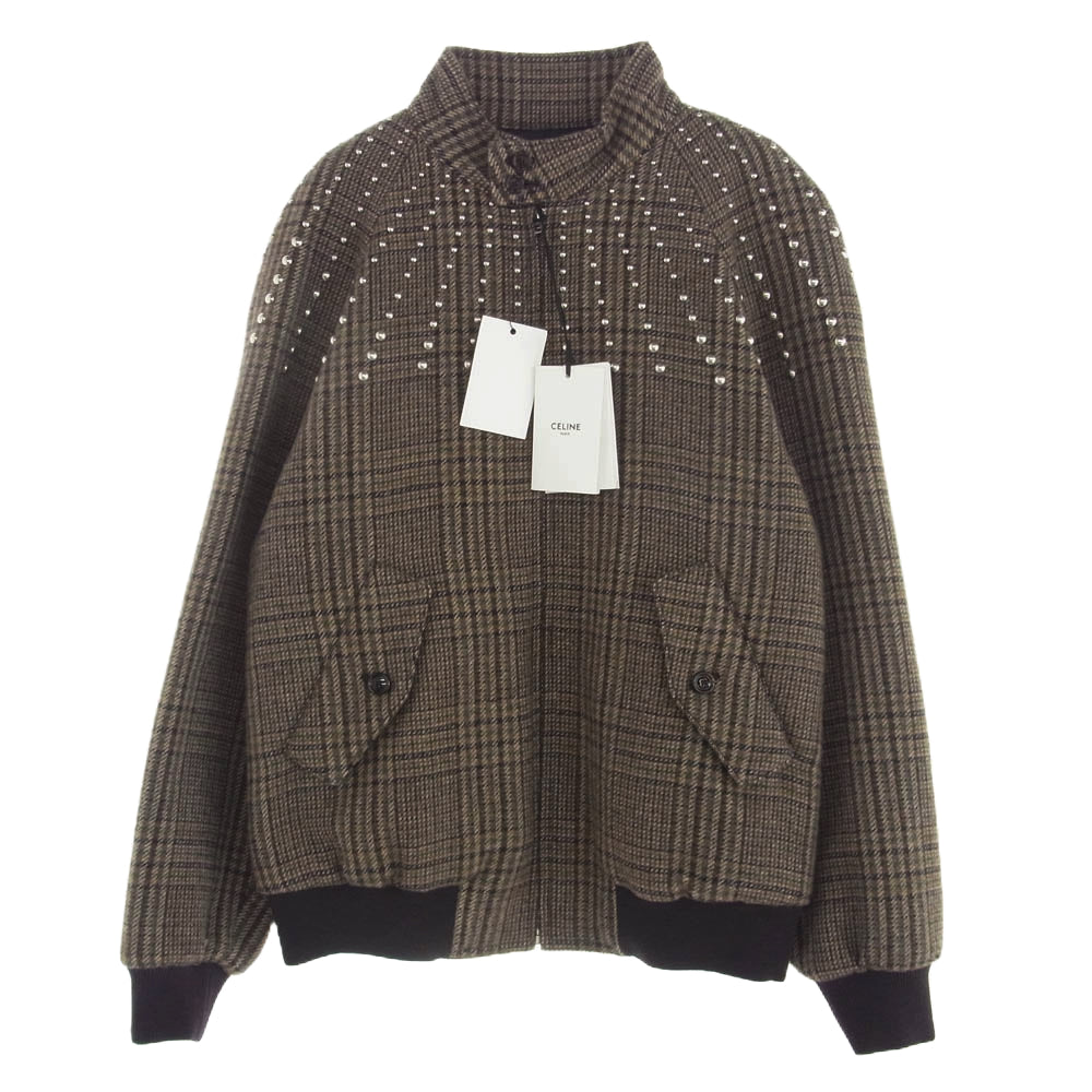 CELINE セリーヌ 22AW 2V20L826R TEDDY JACKET WITH STAND UP COLLAR IN CHECKED WOOL ウール ハンティング チェック テディ ジャケット ブラウン系 48【新古品】【未使用】【中古】