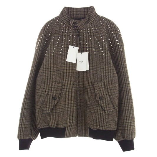 CELINE セリーヌ 22AW 2V20L826R TEDDY JACKET WITH STAND UP COLLAR IN CHECKED WOOL ウール ハンティング チェック テディ ジャケット ブラウン系 48【新古品】【未使用】【中古】