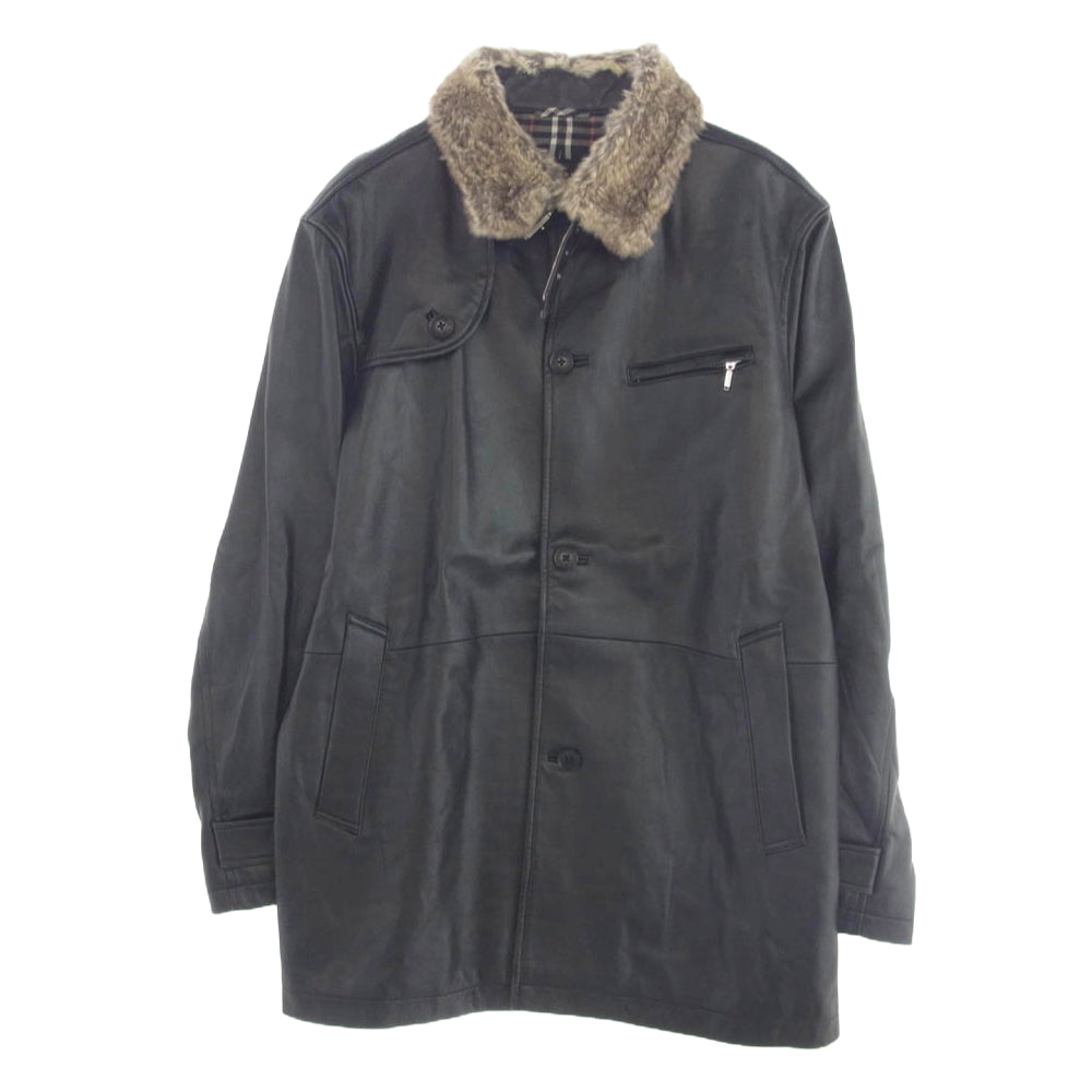 BURBERRY BLACK LABEL バーバリーブラックレーベル BMP96-733-09 ファー付き 裏地チェック シープレザー ジャケット ハーフコート ブラック系 L【中古】