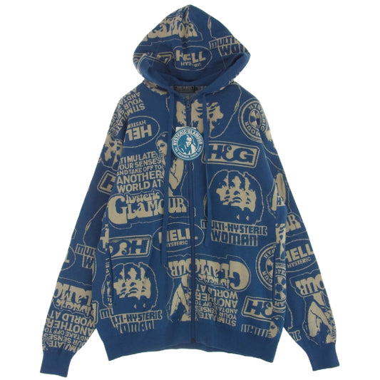 HYSTERIC GLAMOUR ヒステリックグラマー 02243ND08 SUPER HYS柄 ジャガード パーカー ブルー系 L【極上美品】【中古】