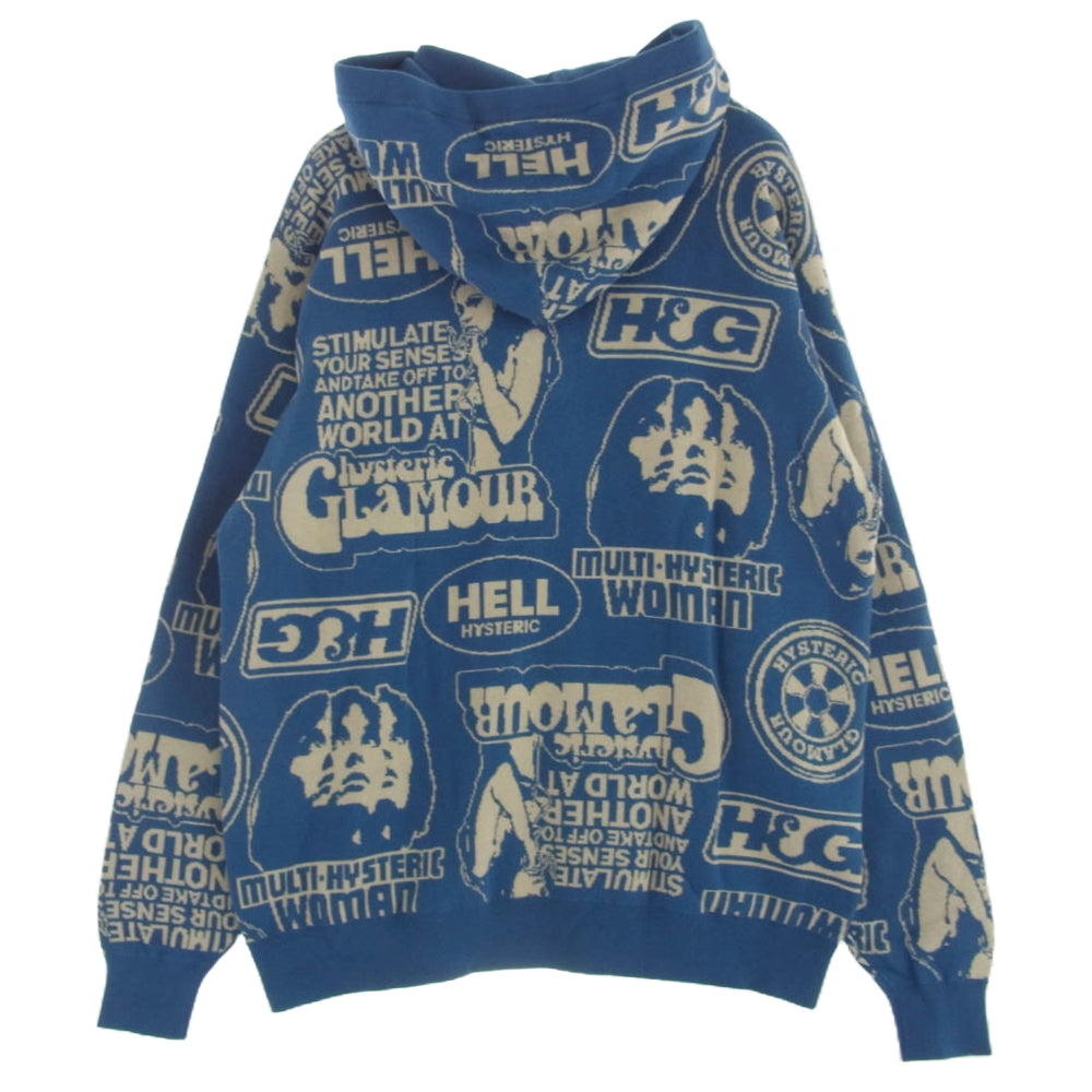 HYSTERIC GLAMOUR ヒステリックグラマー 02243ND08 SUPER HYS柄 ジャガード パーカー ブルー系 L【極上美品】【中古】