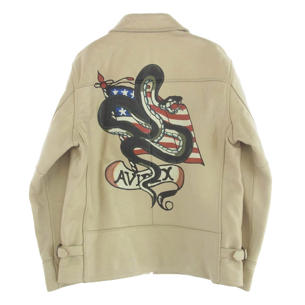 AVIREX アヴィレックス TATTOO 蛇 × 星条旗タトゥー ハンド ペイント ラムレザー ライダース ジャケット ベージュ系 XXL【中古】