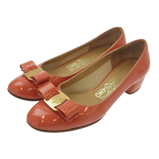 Salvatore Ferragamo サルヴァトーレフェラガモ アーモンドトゥ チャンキーヒール リボン パンプス シューズ レッド系 4【中古】