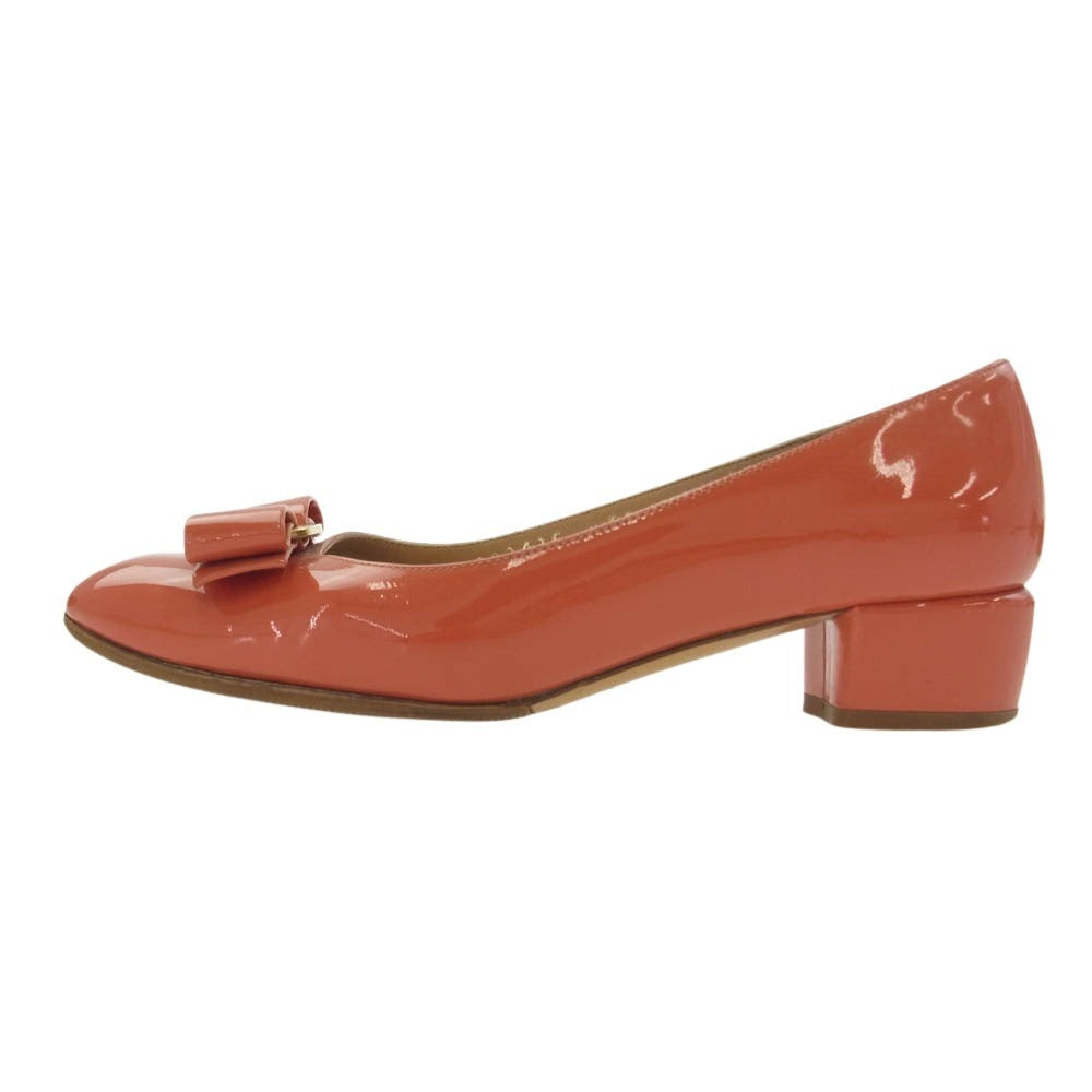 Salvatore Ferragamo サルヴァトーレフェラガモ アーモンドトゥ チャンキーヒール リボン パンプス シューズ レッド系 4【中古】
