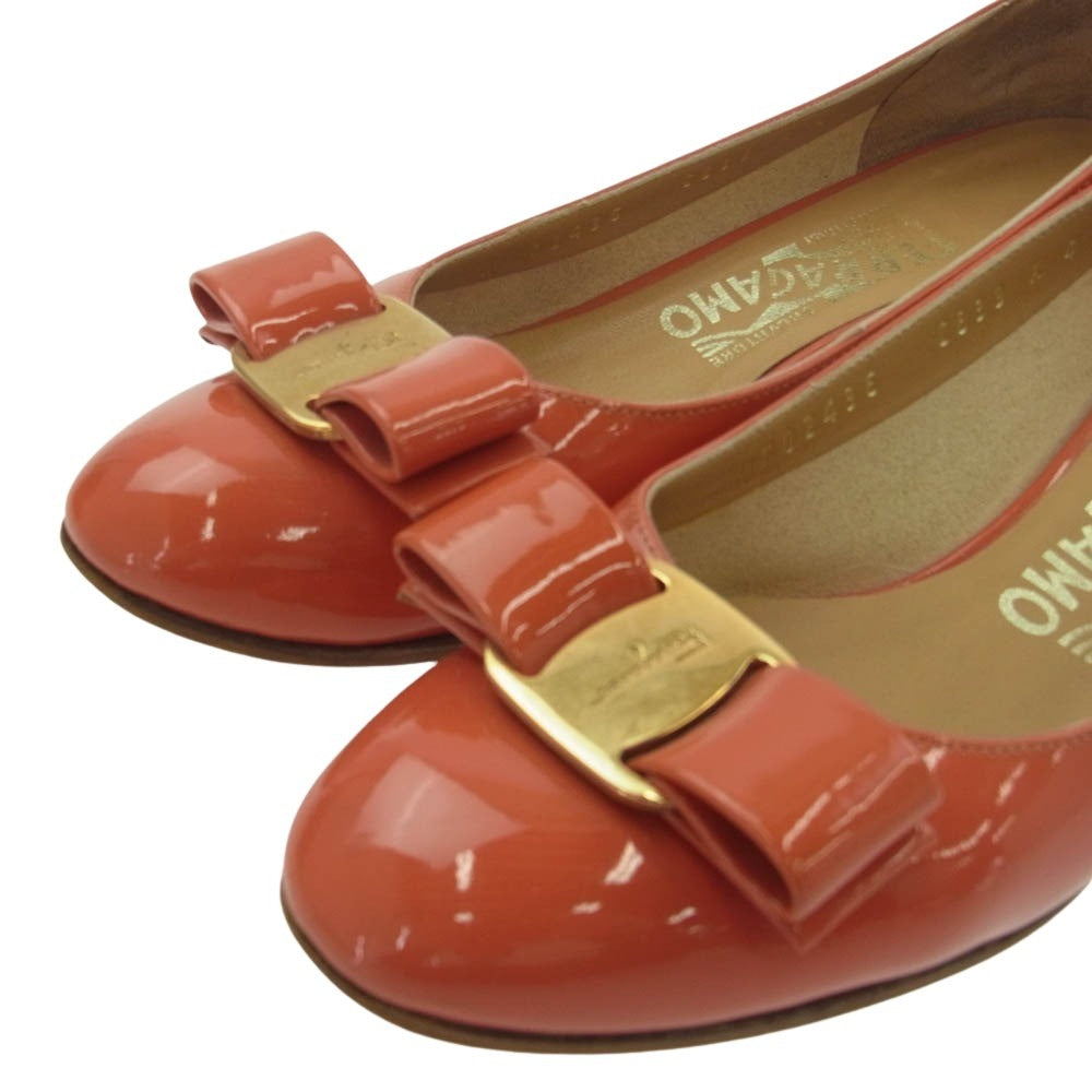 Salvatore Ferragamo サルヴァトーレフェラガモ アーモンドトゥ チャンキーヒール リボン パンプス シューズ レッド系 4【中古】