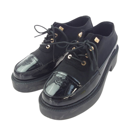 CHANEL シャネル 0095-1 【難有】パテント使い レースアップ シューズ ブラック系 38【中古】