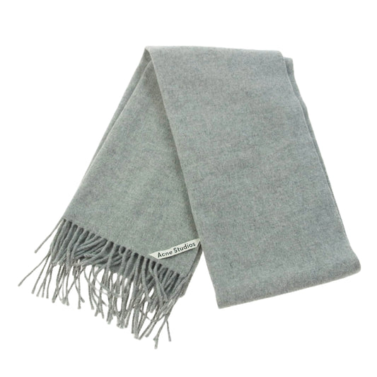 ACNE STUDIOS アクネストゥディオズ 270176 ロゴ ウール フリンジ マフラー ストール グレー系 200×45cm【中古】