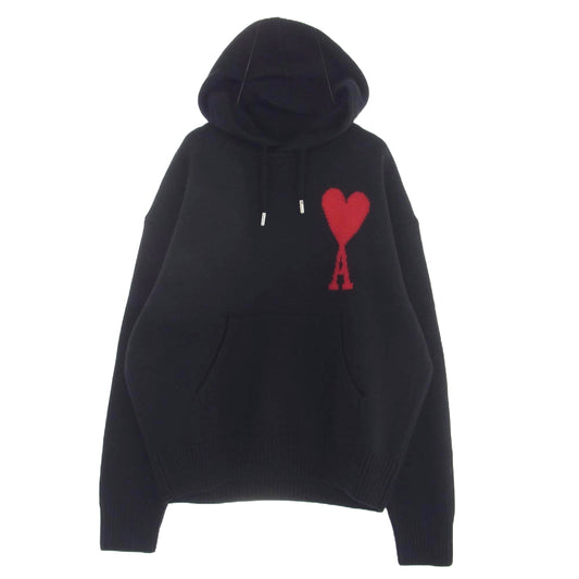 AMI PARIS アミパリス UKS802.018 Alexandre Mattiussi AMI DE COEUR KNIT HOODIE ハートフレンドロゴ ニットフーディ プルオーバー パーカー ブラック系 M【中古】