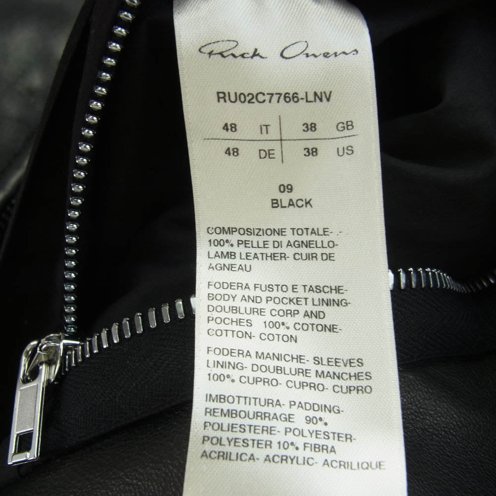 Rick Owens リックオウエンス RU02C7766-LNV Zip Up Leather Jacket ジップアップ レザー ジャケット ラムレザー ブラック系 48【中古】