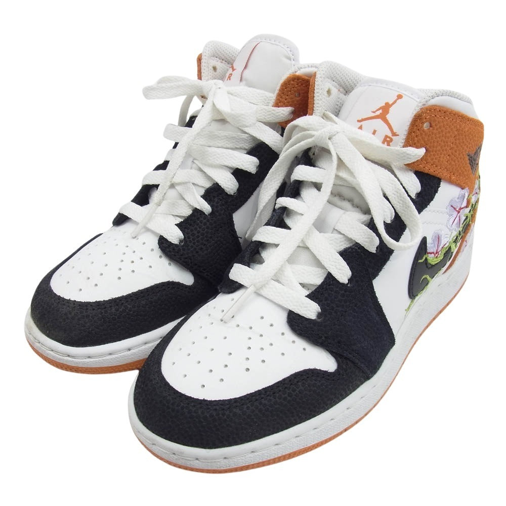 NIKE ナイキ DQ8390-100 GS Air Jordan 1 Mid エアジョーダン1 ミッド Floral Embroidery フローラル エンブロイダリー ハイカットスニーカー ブラック系 ホワイト系 オレンジ系 22.5cm【中古】