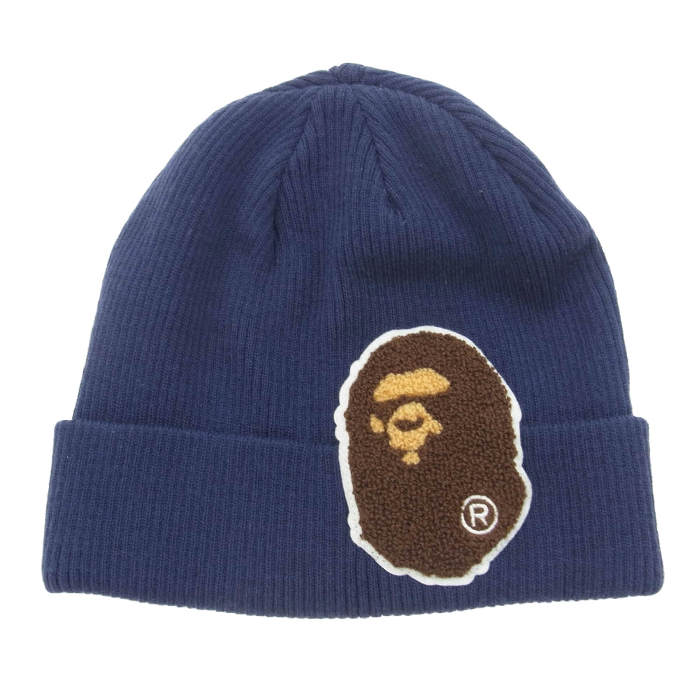 A BATHING APE アベイシングエイプ BAPE ボア ワッペン ニットキャップ ネイビー ネイビー系 F【中古】