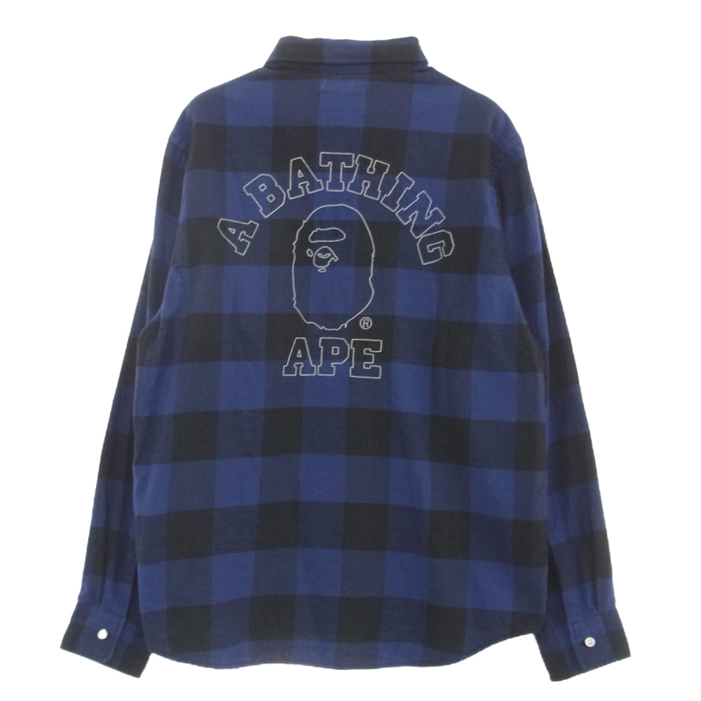 A BATHING APE アベイシングエイプ 001SHK301004Ｍ コットン チェック 刺繍 リラックス フィット シャツ ブルー系 ブラック系 S【中古】