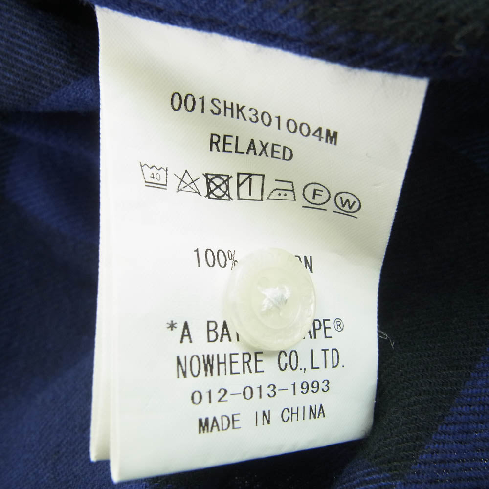A BATHING APE アベイシングエイプ 001SHK301004Ｍ コットン チェック 刺繍 リラックス フィット シャツ ブルー系 ブラック系 S【中古】