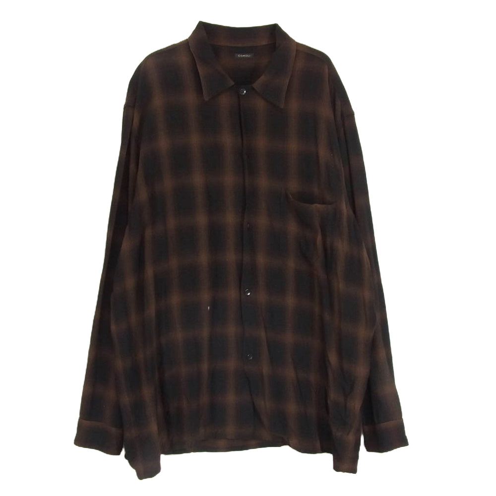 COMOLI コモリ 24SS Z01-02005 レーヨン チェック オープンカラー シャツ ブラウン系 3【中古】