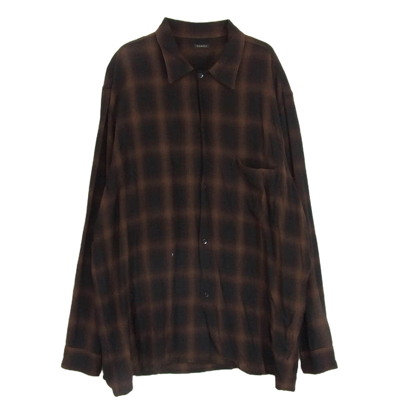 COMOLI コモリ 24SS Z01-02005 レーヨン チェック オープンカラー シャツ ブラウン系 3【中古】