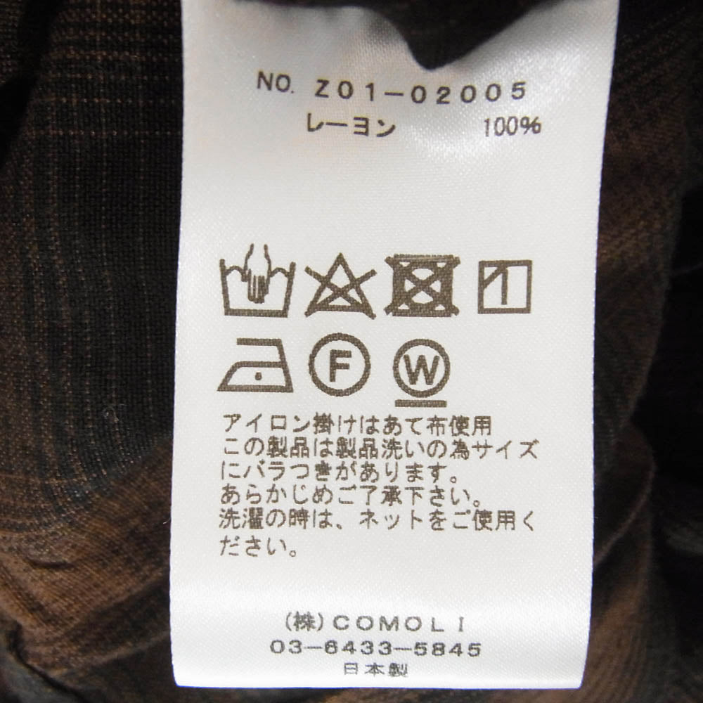 COMOLI コモリ 24SS Z01-02005 レーヨン チェック オープンカラー シャツ ブラウン系 3【中古】