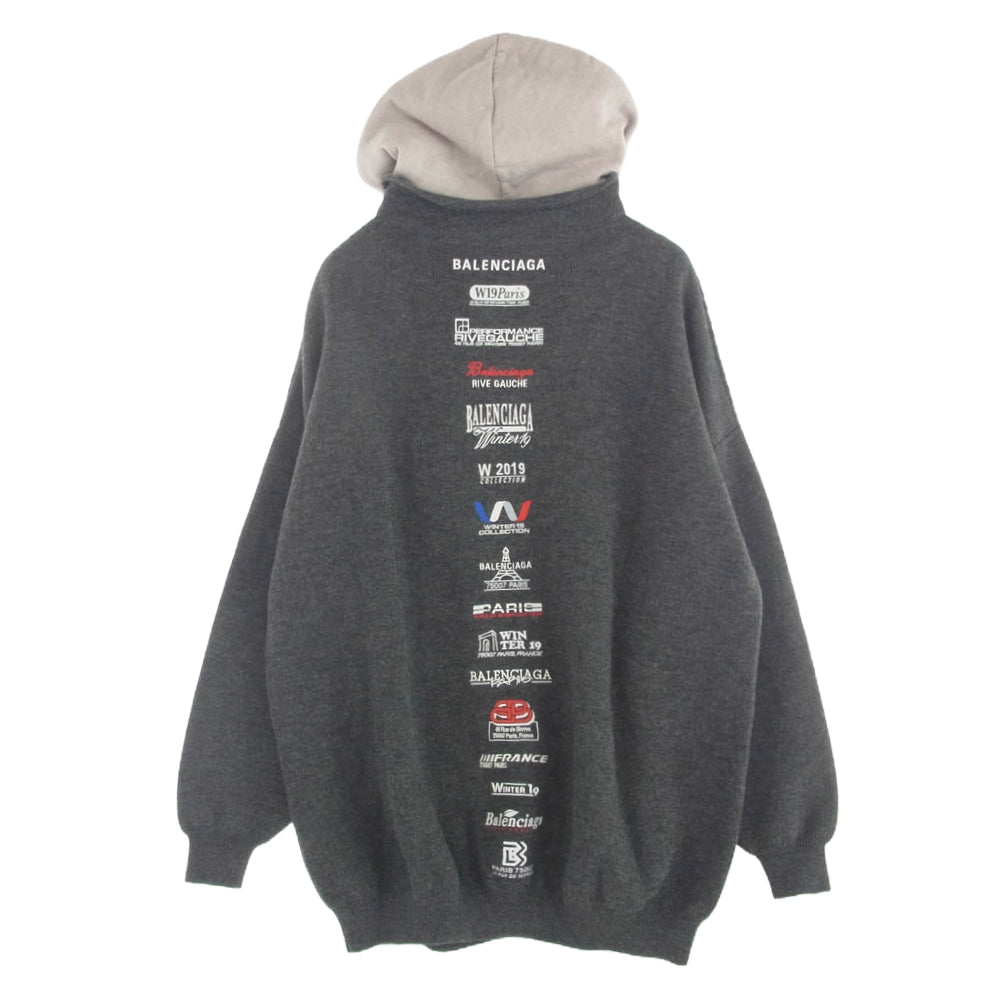 BALENCIAGA バレンシアガ 19AW 594949 T1506 Grey Wool Hooded Sweater バックロゴ刺繍 ニット レイヤード パーカー グレー系 ベージュ系【美品】【中古】