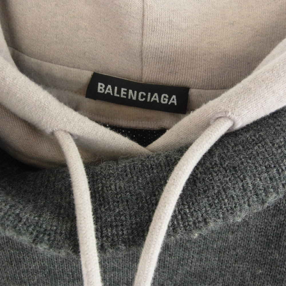 BALENCIAGA バレンシアガ 19AW 594949 T1506 Grey Wool Hooded Sweater バックロゴ刺繍 ニット レイヤード パーカー グレー系 ベージュ系【美品】【中古】