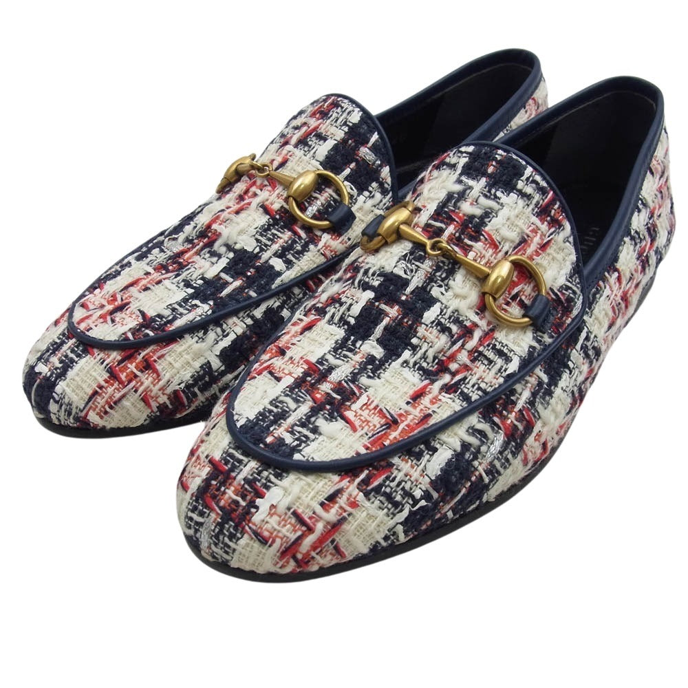 GUCCI グッチ 431467 ヨルダーン ツイード チェック ホースビット ローファー ホワイト系 レッド系 ネイビー系 34【中古】