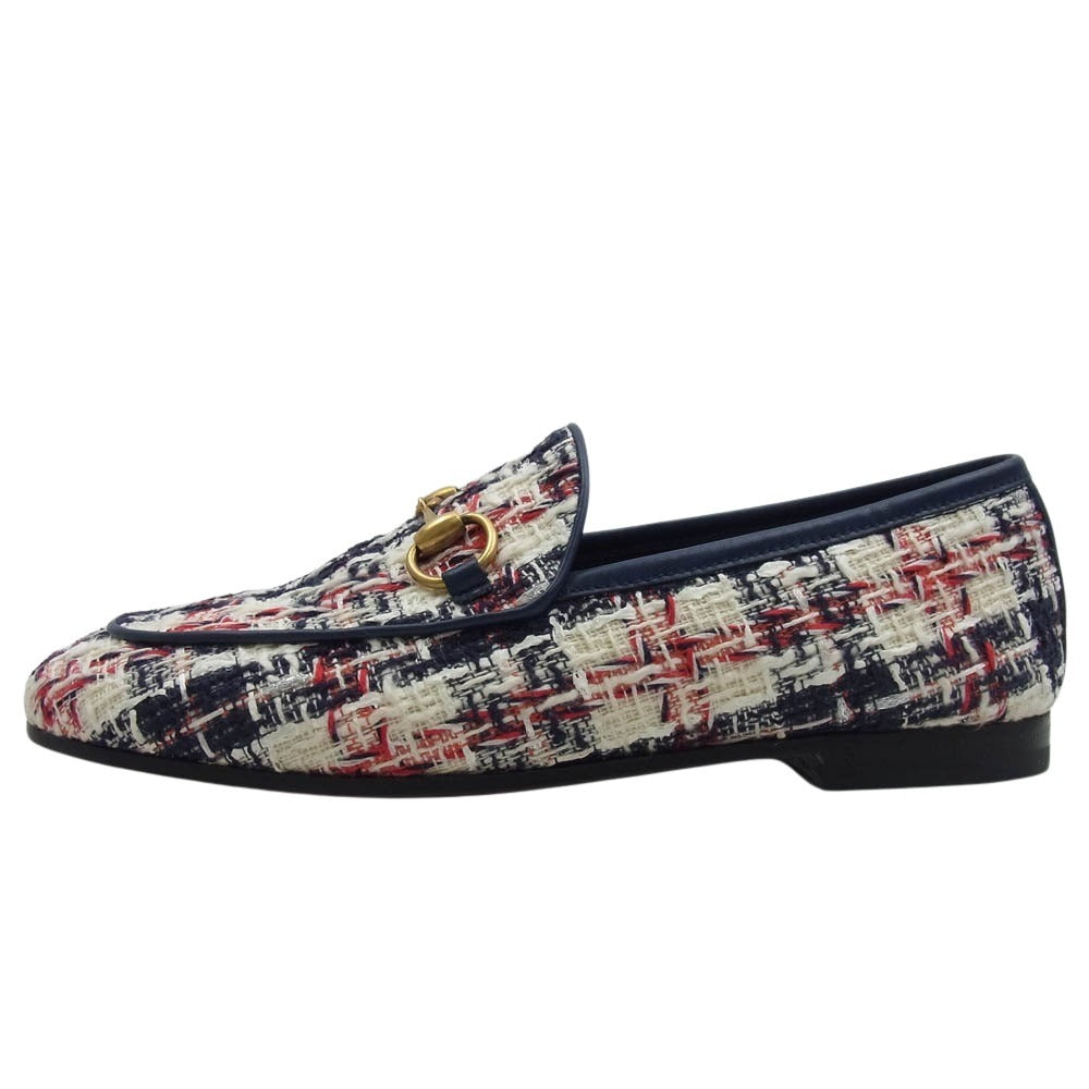GUCCI グッチ 431467 ヨルダーン ツイード チェック ホースビット ローファー ホワイト系 レッド系 ネイビー系 34【中古】