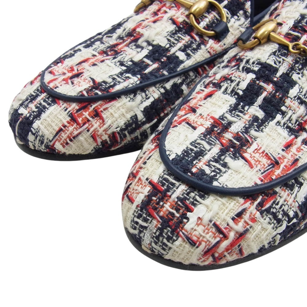 GUCCI グッチ 431467 ヨルダーン ツイード チェック ホースビット ローファー ホワイト系 レッド系 ネイビー系 34【中古】