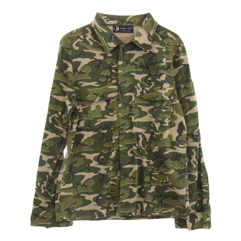 HYSTERIC GLAMOUR ヒステリックグラマー 0342CJ01 Andy Warhol アンディウォーホル バックアート ステンシル オリジナルカモ ジャージー ジップ ミリタリー シャツ グリーン系 FREE【中古】