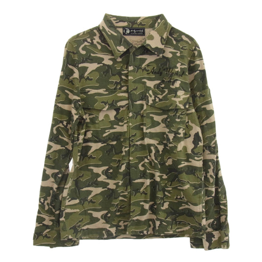HYSTERIC GLAMOUR ヒステリックグラマー 0342CJ01 Andy Warhol アンディウォーホル バックアート ステンシル オリジナルカモ ジャージー ジップ ミリタリー シャツ グリーン系 FREE【中古】
