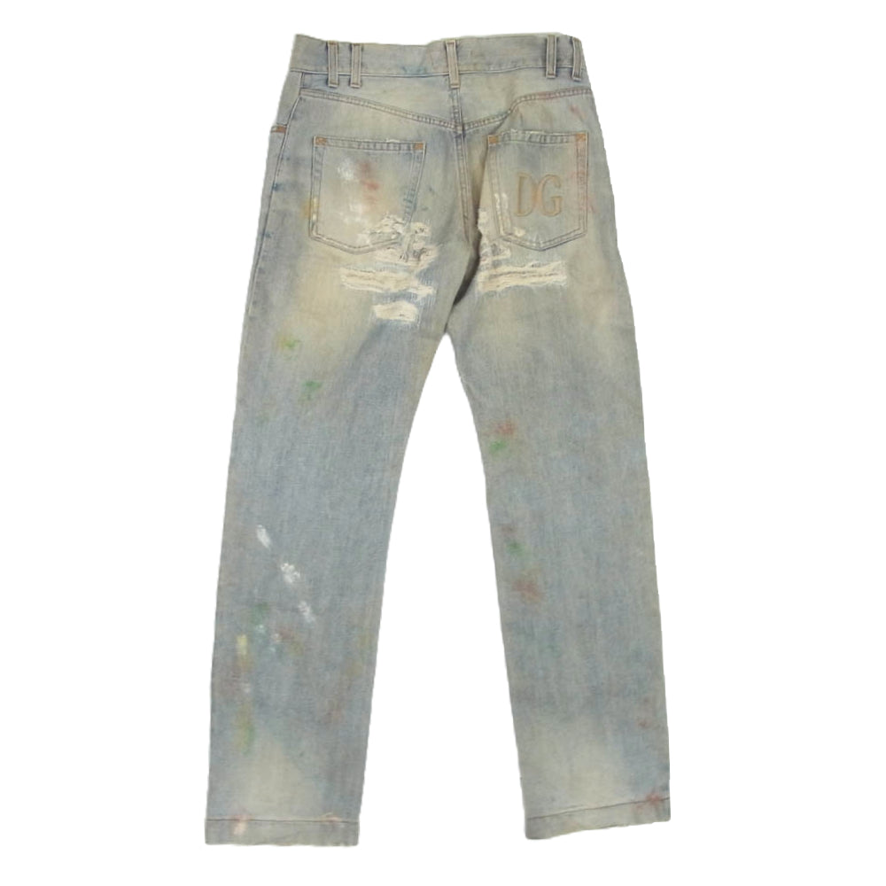 DOLCE&GABBANA ドルチェアンドガッバーナ ダメージ リペア 加工 ペイント ストレート デニム パンツ インディゴブルー系 46【中古】