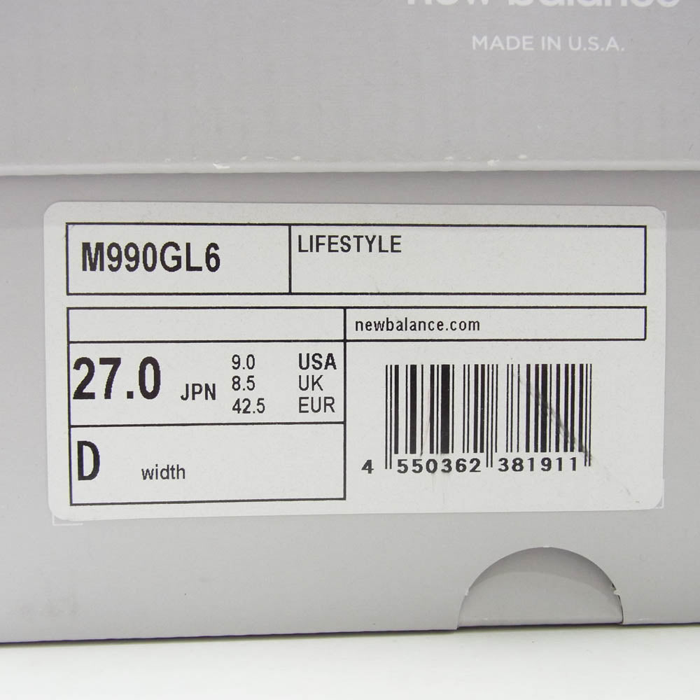 NEW BALANCE ニューバランス M990Gl6 Made in USA 990 v6 GL6 ローカット スニーカー グレー系 27cm【新古品】【未使用】【中古】