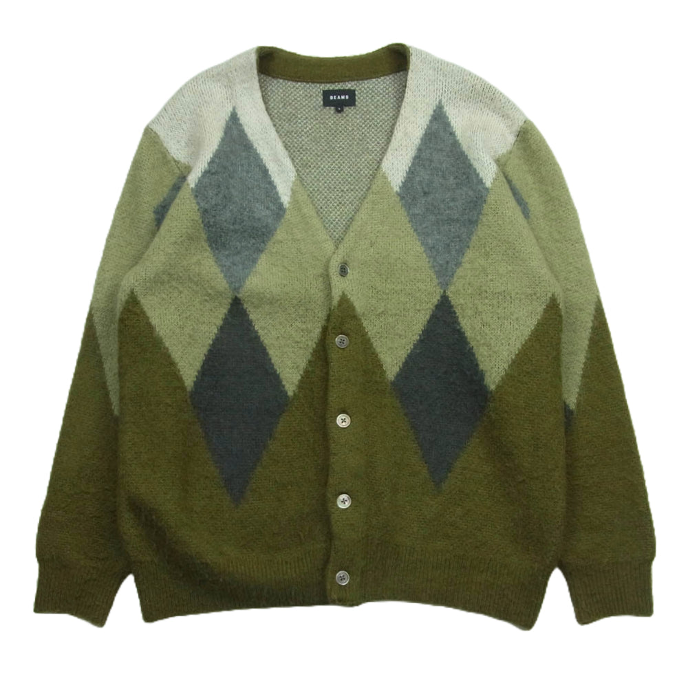 BEAMS ビームス 11-15-0010-147 Argyle Shaggy Cardigan アーガイル シャギー カーディガン グリーン系 グレー系 L【中古】