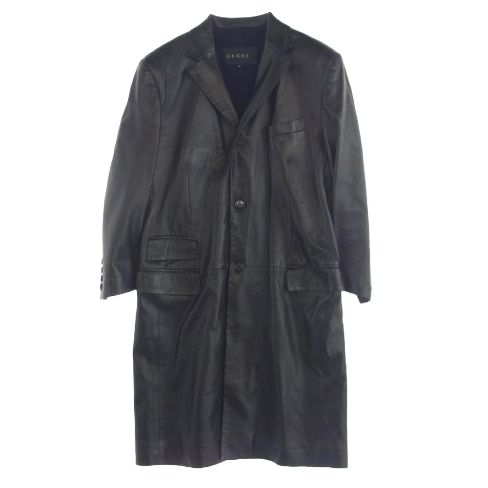 GUCCI グッチ ラムスキン レザー ロングコート 裏地カシミヤ混ウール ブラック系 52【中古】