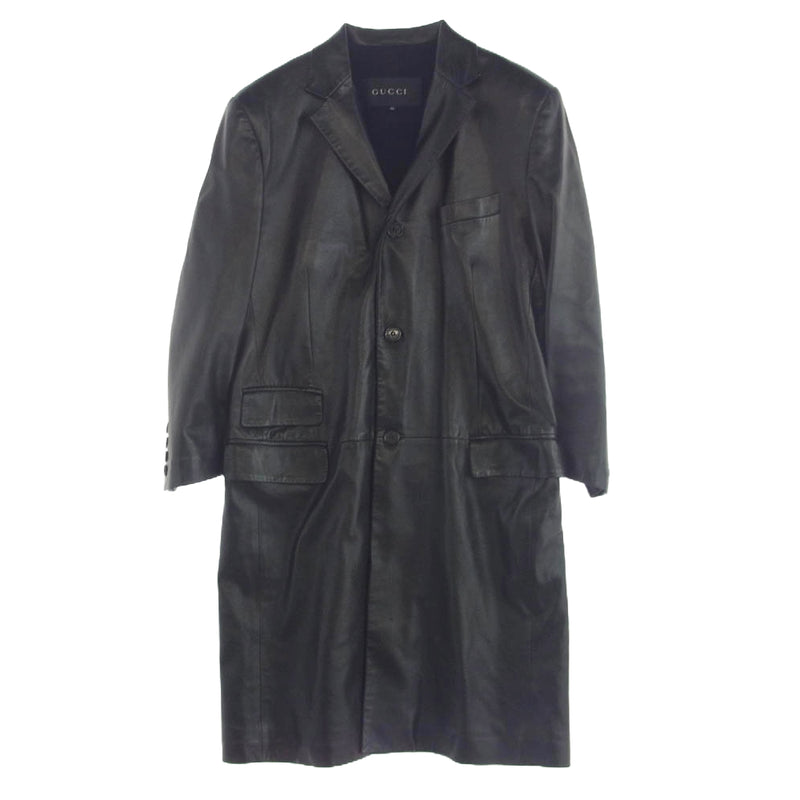 GUCCI グッチ ラムスキン レザー ロングコート 裏地カシミヤ混ウール ブラック系 52【中古】