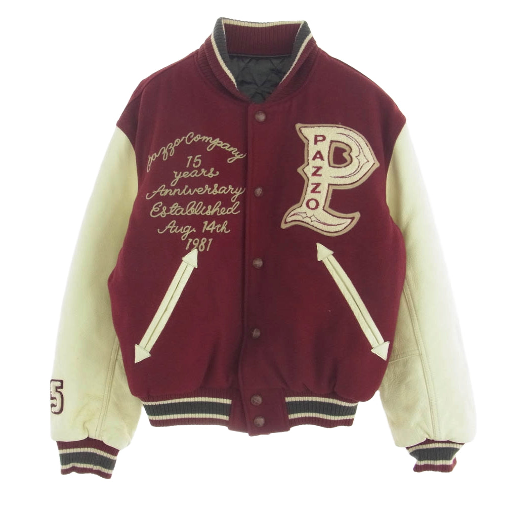 パッゾ レザー アーム ウール スタジアム ジャケット スタジャン ワインレッド系 オフホワイト系 44【中古】