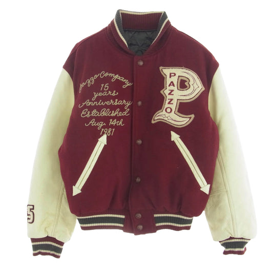 パッゾ レザー アーム ウール スタジアム ジャケット スタジャン ワインレッド系 オフホワイト系 44【中古】