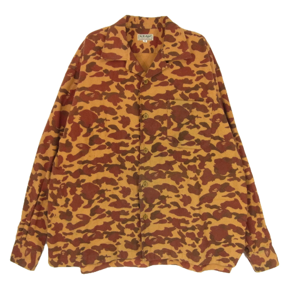A BATHING APE アベイシングエイプ 90s 1st カモフラ シャモアクロス オープンカラー シャツ 長袖 ブラウン系 M【中古】