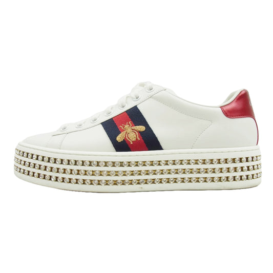 GUCCI グッチ 505995 エース ソール クリスタル ビジュー付 厚底 ローカット スニーカー ホワイト系 37【中古】