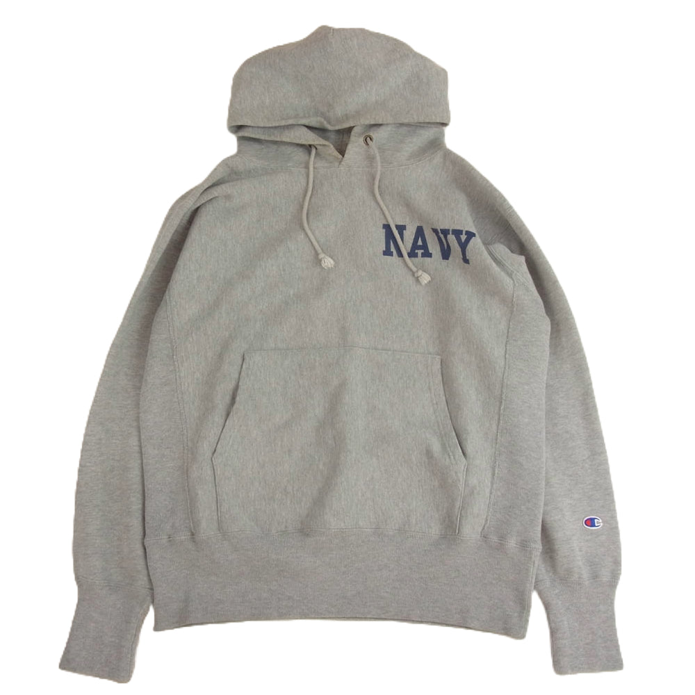 Champion チャンピオン 復刻 青 単色タグ リバースウィーブ プルオーバー パーカー 両面プリント NAVY グレー系 L【中古】