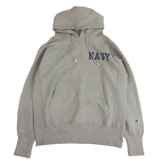 Champion チャンピオン 復刻 青 単色タグ リバースウィーブ プルオーバー パーカー 両面プリント NAVY グレー系 L【中古】