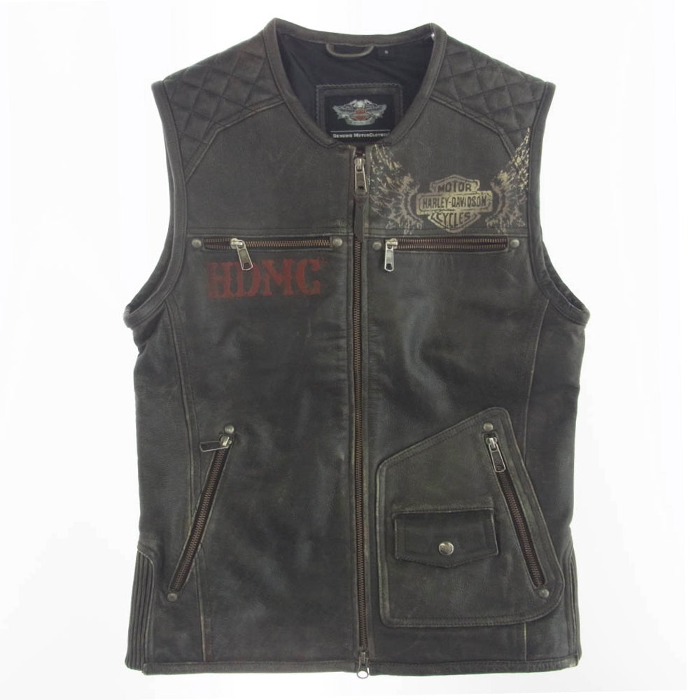 HARLEY DAVIDSON ハーレーダビッドソン ジップアップ レザー ベスト ブラック系 S【中古】