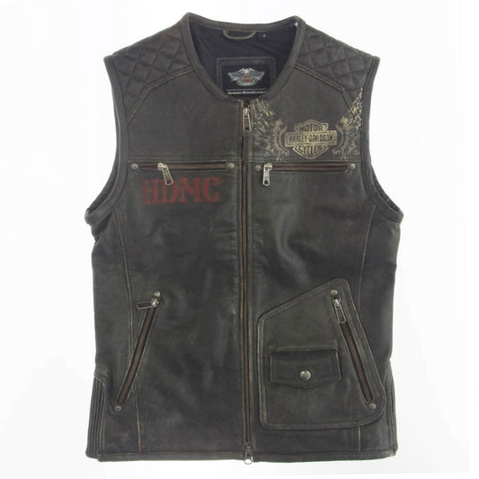 HARLEY DAVIDSON ハーレーダビッドソン ジップアップ レザー ベスト ブラック系 S【中古】