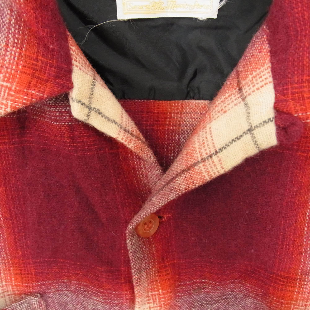 ヴィンテージ 70s kings road sears ウール チェック オープン カラー シャツ レッド系 M【中古】