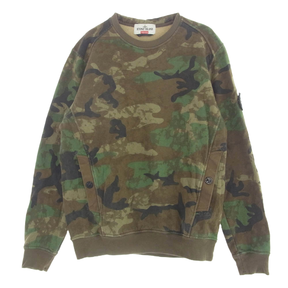 Supreme シュプリーム 14AW Stone Island Crewneck Sweatshirt Woodland Camo クルーネック カモフラ スウェット カーキ系 L【中古】